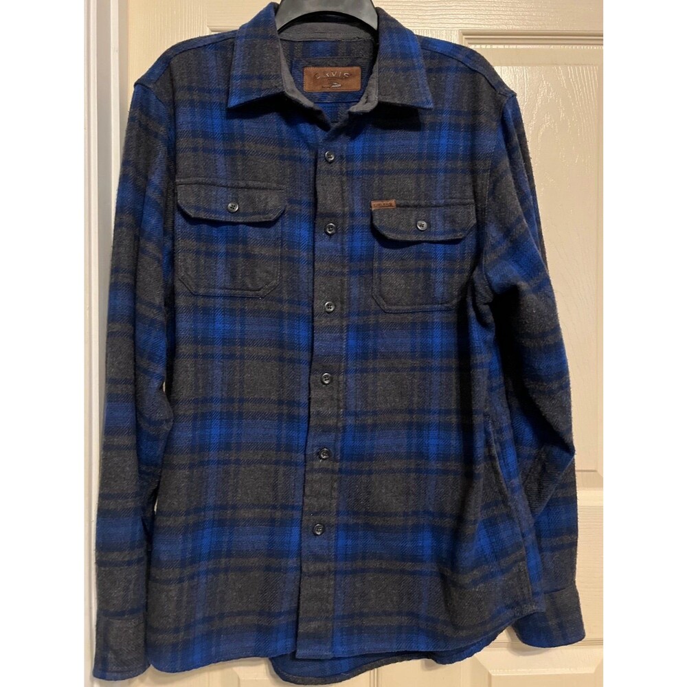 Orvis Big Bear Heavyweight Flannel Shirt Mens Medium Blue Grey Plaid